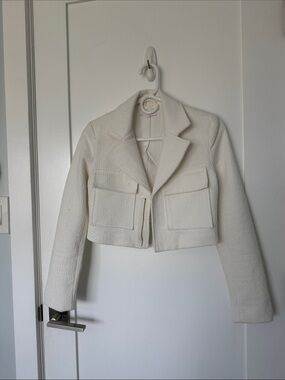 Cropped Cream Textured Blazer with Patch Pockets